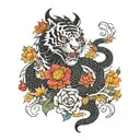 Dragon with horns and angry tiger with floral background tattoo design idea