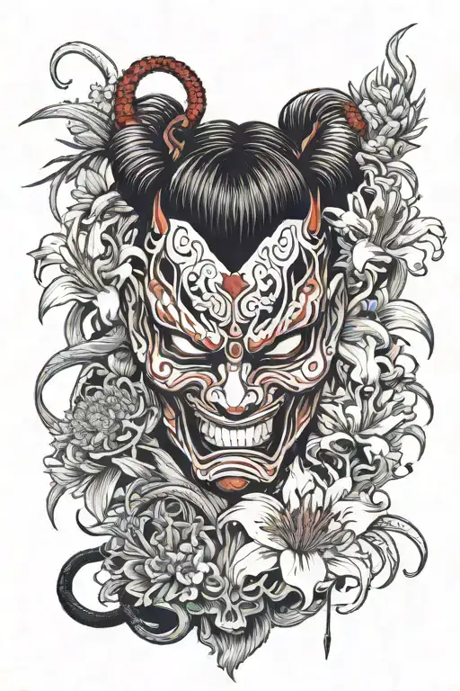 a red-hot mask, one part demon, the other half a crying geisha and spider lilies between them tattoo design idea