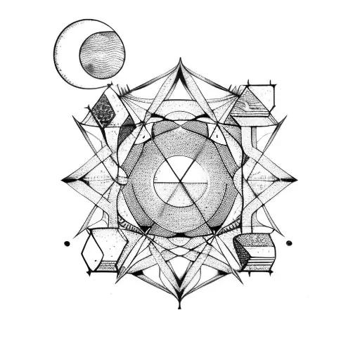 an arrow with hexagons and moons and astrology tattoo design idea