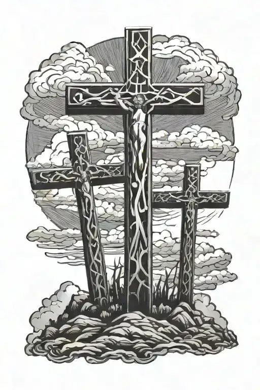 three crosses with the sky on the top tattoo design idea