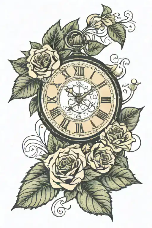 Memento Mori written with fig leaves and lines with a clock at 11:59 tattoo design idea