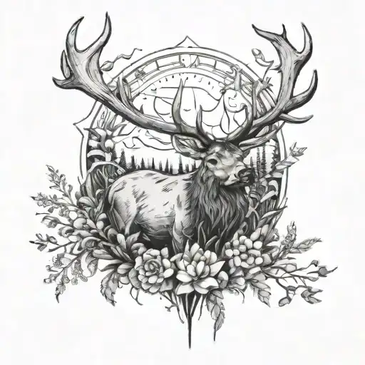 full sleeve of dense flowers, grass, and trees with an elk head in the middle on the left arm tattoo design idea