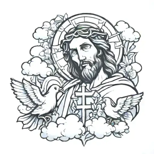Jesus with cross and doves with clouds  tattoo design idea
