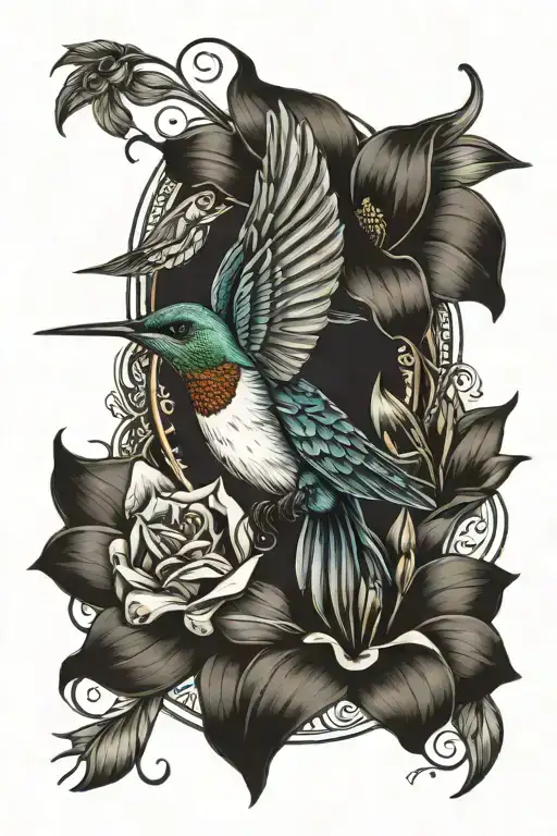 dreamcatcher, hummingbird surrounded,  lily tattoo design idea