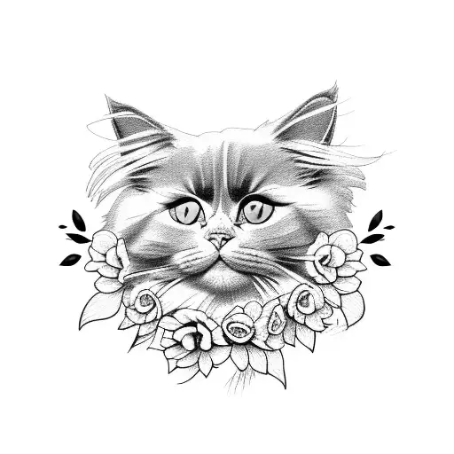cute Ragdoll cat with flowers tattoo design idea