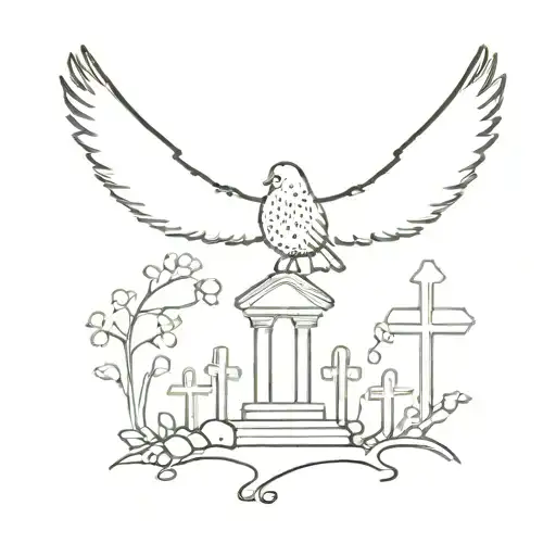 A dotwork tattoo of a serene graveyard scene with a peaceful dove flying overhead, representing the eternal bond between you, your wife, and son tattoo design idea