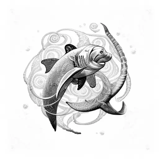 An intricate blackwork design of a nautilus shell surrounded by swirling water, with a hammerhead shark swimming nearby. tattoo design idea