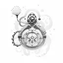 A dotwork tattoo depicting an engineer in a diving suit exploring a serene underwater scene with no gravity, featuring various sea creatures and plants. tattoo design idea