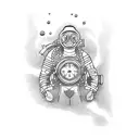 A dotwork tattoo depicting an engineer in a diving suit exploring a serene underwater scene with no gravity, featuring various sea creatures and plants. tattoo design idea