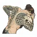 woman's back yoga xenomorph tattoo design idea