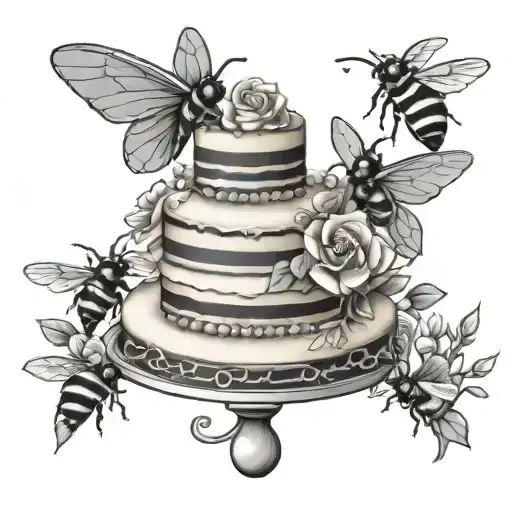 wedding cake and bees flying tattoo design idea