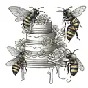 wedding cake and bees flying tattoo design idea