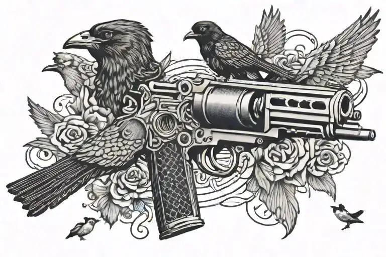 A pistol shooting out Doves and Crows  tattoo design idea