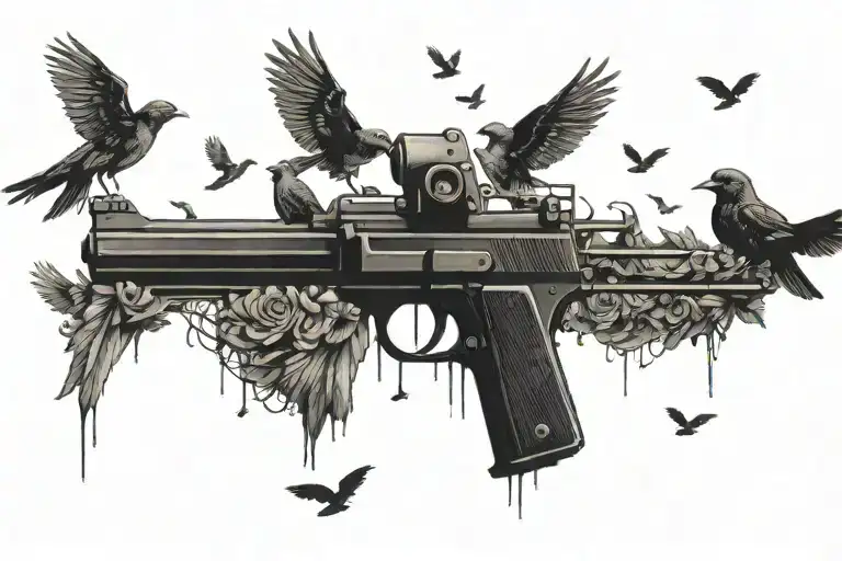 A pistol shooting out Doves and Crows  tattoo design idea