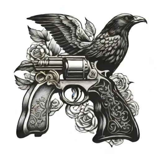 A pistol shooting out Doves and Crows  tattoo design idea