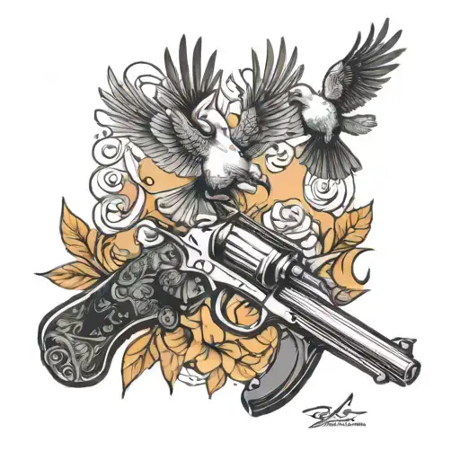 A pistol shooting out Doves and Crows  tattoo design idea