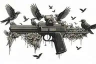 A pistol shooting out Doves and Crows  tattoo design idea