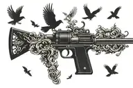 A pistol shooting out Doves and Crows  tattoo design idea