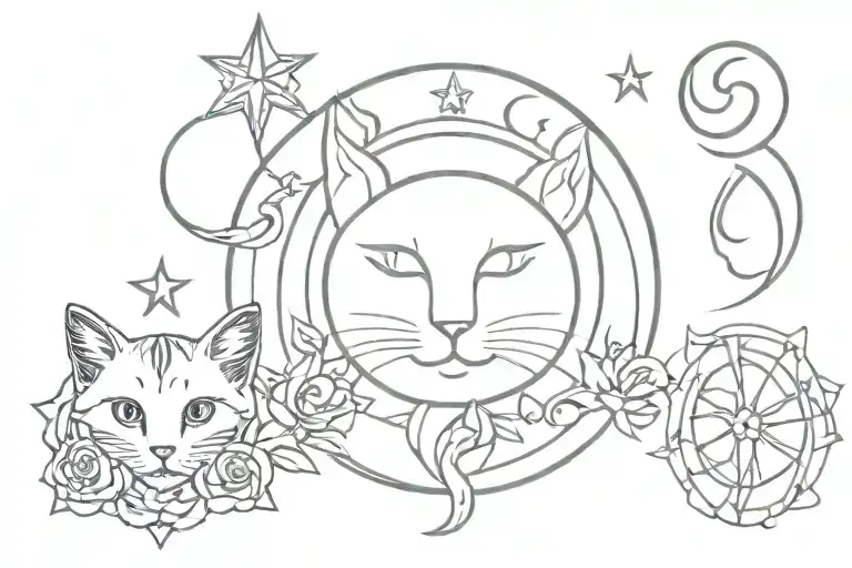 moon, star, sun, rose, lock and key, flame, cat face  tattoo design idea