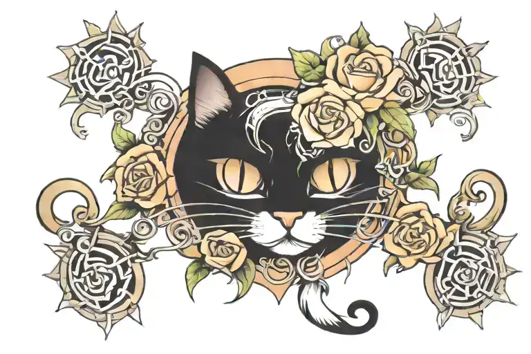 crescent  moon, star, sun, rose, lock and key, flame, cat face  tattoo design idea