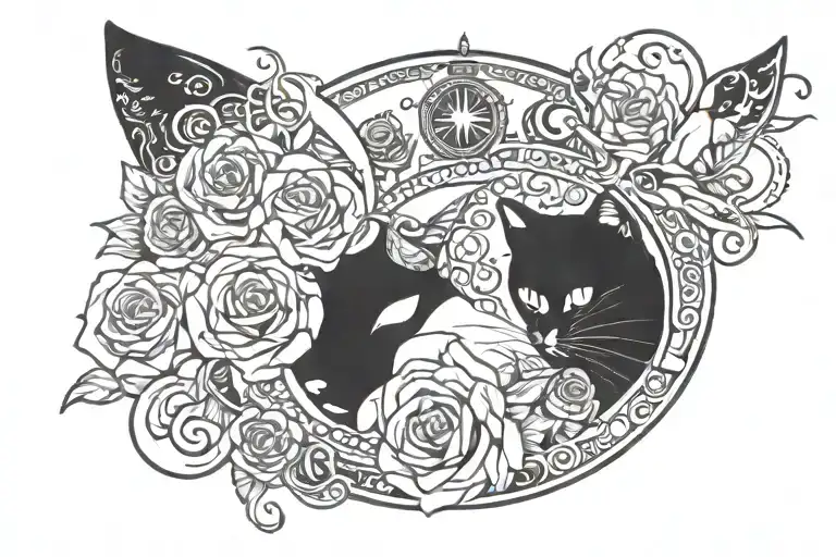 crescent  moon, star, sun, rose, lock and key, flame, cat face  tattoo design idea