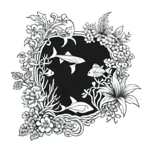 A blackwork tattoo of a mystical underwater garden with seaweed, coral, and exotic sea creatures, blending the client's love for gardening and water tattoo design idea