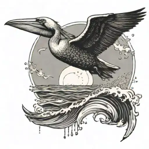 A tattoo design of a pelican flying over crashing waves, with the quote 'Let the waves carry you where the light can not' written in the sky tattoo design idea