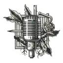 A microphone surrounded by prison bars, symbolizing the struggle and passion for rap music in a misunderstood environment tattoo design idea
