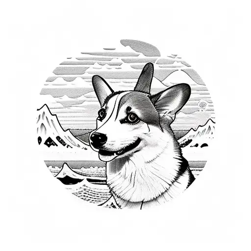 Pembroke Welsh Corgi with Mountain and Sea Japanese Elements tattoo design idea
