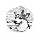 Pembroke Welsh Corgi with Mountain and Sea Japanese Elements tattoo design idea