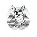 Pembroke Welsh Corgi with Mountain and Sea Japanese Elements tattoo design idea