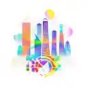 A new-school design featuring a rainbow-colored Barcelona skyline with project management tools integrated tattoo design idea