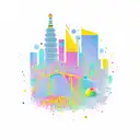 A new-school design featuring a rainbow-colored Barcelona skyline with project management tools integrated tattoo design idea