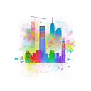 A new-school design featuring a rainbow-colored Barcelona skyline with project management tools integrated tattoo design idea
