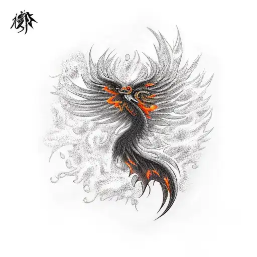 black and orange phoenix on fire  tattoo design idea