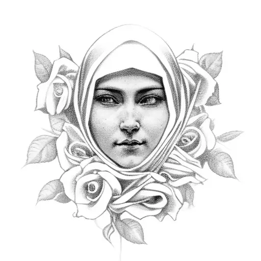 La Virgen Maria praying and crying with roses around her tattoo design idea