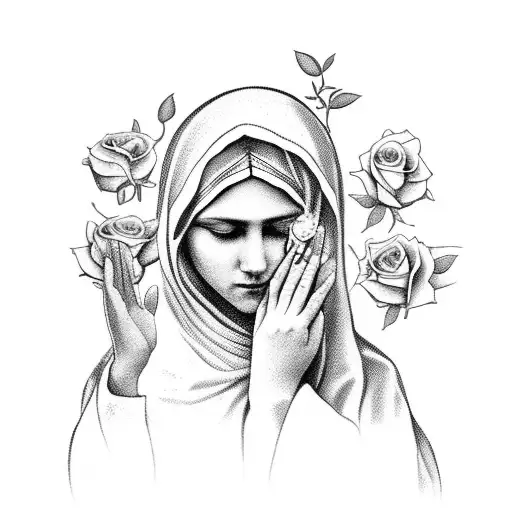 virgen Mary praying and crying with roses around her tattoo design idea
