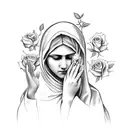 virgen Mary praying and crying with roses around her tattoo design idea