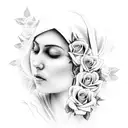 virgen Mary praying and crying with roses around her tattoo design idea