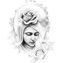 virgen Mary praying and crying with roses around her tattoo design idea