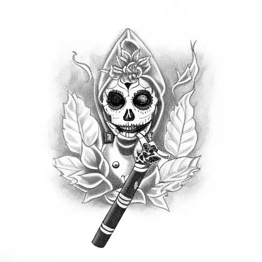 A Catrina smoking a cigar with a mandrake plant growing from it tattoo design idea