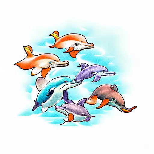 A school of dolphins swimming in the shape of a musical staff tattoo design idea