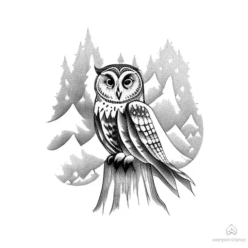 A serene owl perched on a tree branch with a breathtaking mountain view in the background tattoo design idea