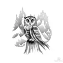A serene owl perched on a tree branch with a breathtaking mountain view in the background tattoo design idea
