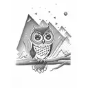 A serene owl perched on a tree branch with a breathtaking mountain view in the background tattoo design idea