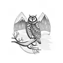 A serene owl perched on a tree branch with a breathtaking mountain view in the background tattoo design idea