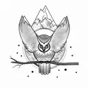 A serene owl perched on a tree branch with a breathtaking mountain view in the background tattoo design idea