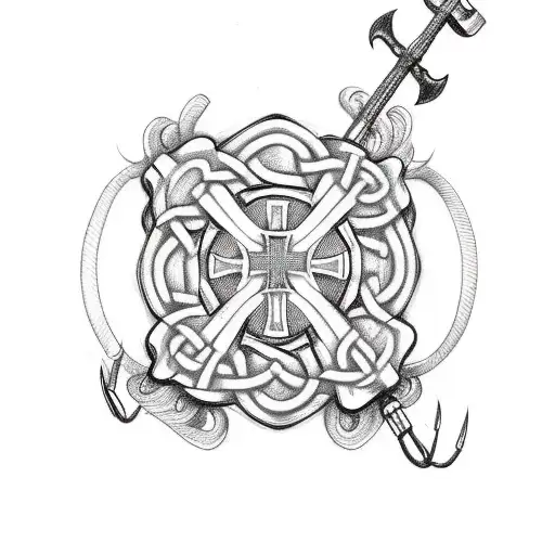 A sketch-style tattoo of a firefighter helmet with a Celtic cross and fly fishing hooks intertwined tattoo design idea