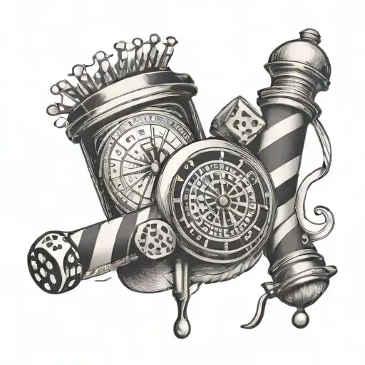 A barber pole intertwined with a roulette wheel and dice tattoo design idea