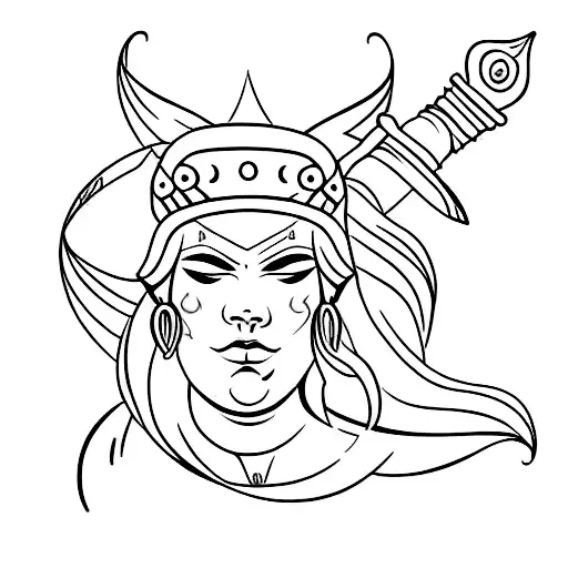 A minimalist tattoo of a woman warrior wearing a Viking helmet and holding a Greek spear tattoo design idea